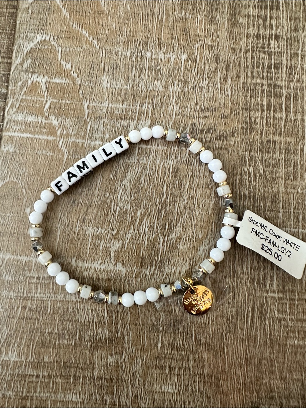White "FAMILY" Beaded Charm Bracelet with Gold Accent